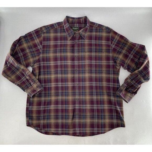 Eddie Bauer Men’s Burgundy Button Up Cotton Plaid Pocket Outdoor Casual Shirt XL - Picture 1 of 8